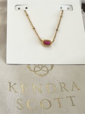 Kendra Scott Mini Elisa Vintage Gold Necklace with Dark Fuchsia Stone
